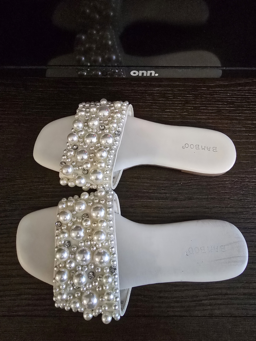 Bamboo Pearl-Embellished White Slide Sandals - Bamboo - Picture 4 of 5
